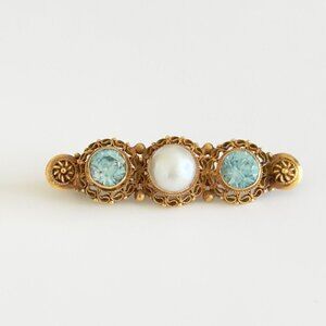 Vintage 14K Yellow Gold Pearl Blue Topaz Three Stone Filigree Bar Brooch Pin